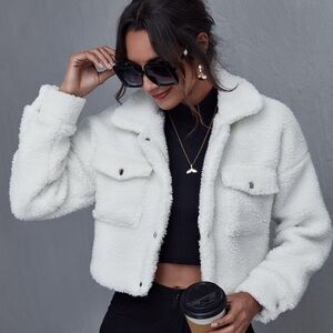 SHEIN White Cropped Teddy Jacket